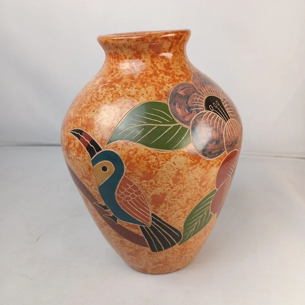 Handmade Pottery Vase Red Clay Toucans And Flowers Etched 5.5